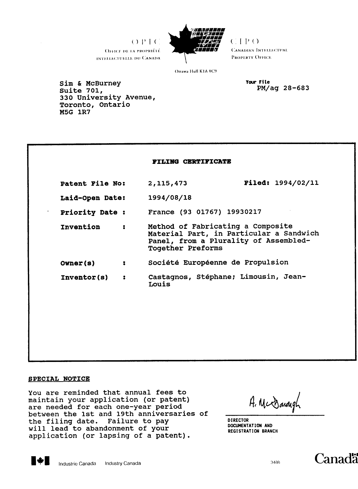 Canadian Patent Document 2115473. Assignment 19940211. Image 6 of 6