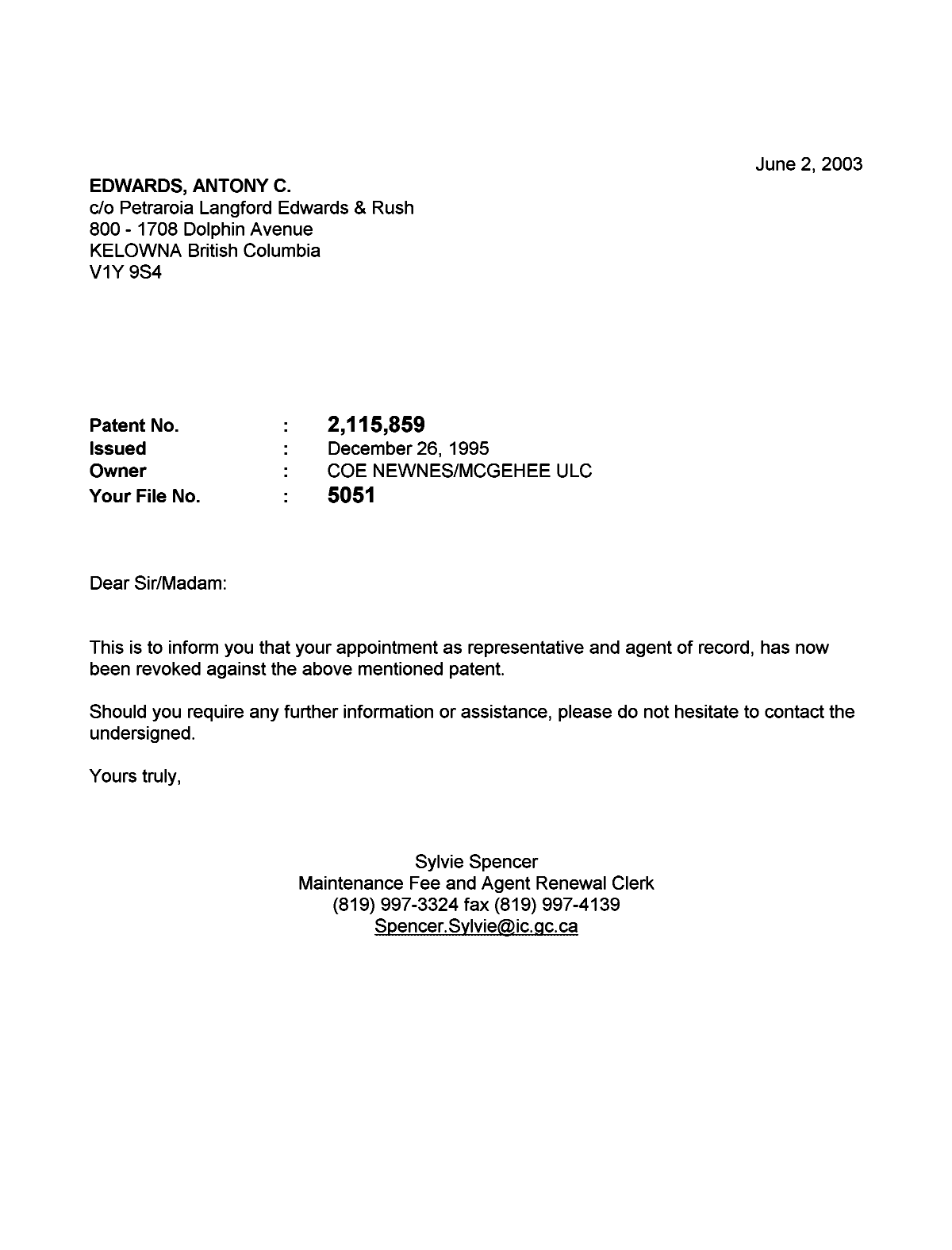 Document de brevet canadien 2115859. Correspondance 20030602. Image 1 de 1