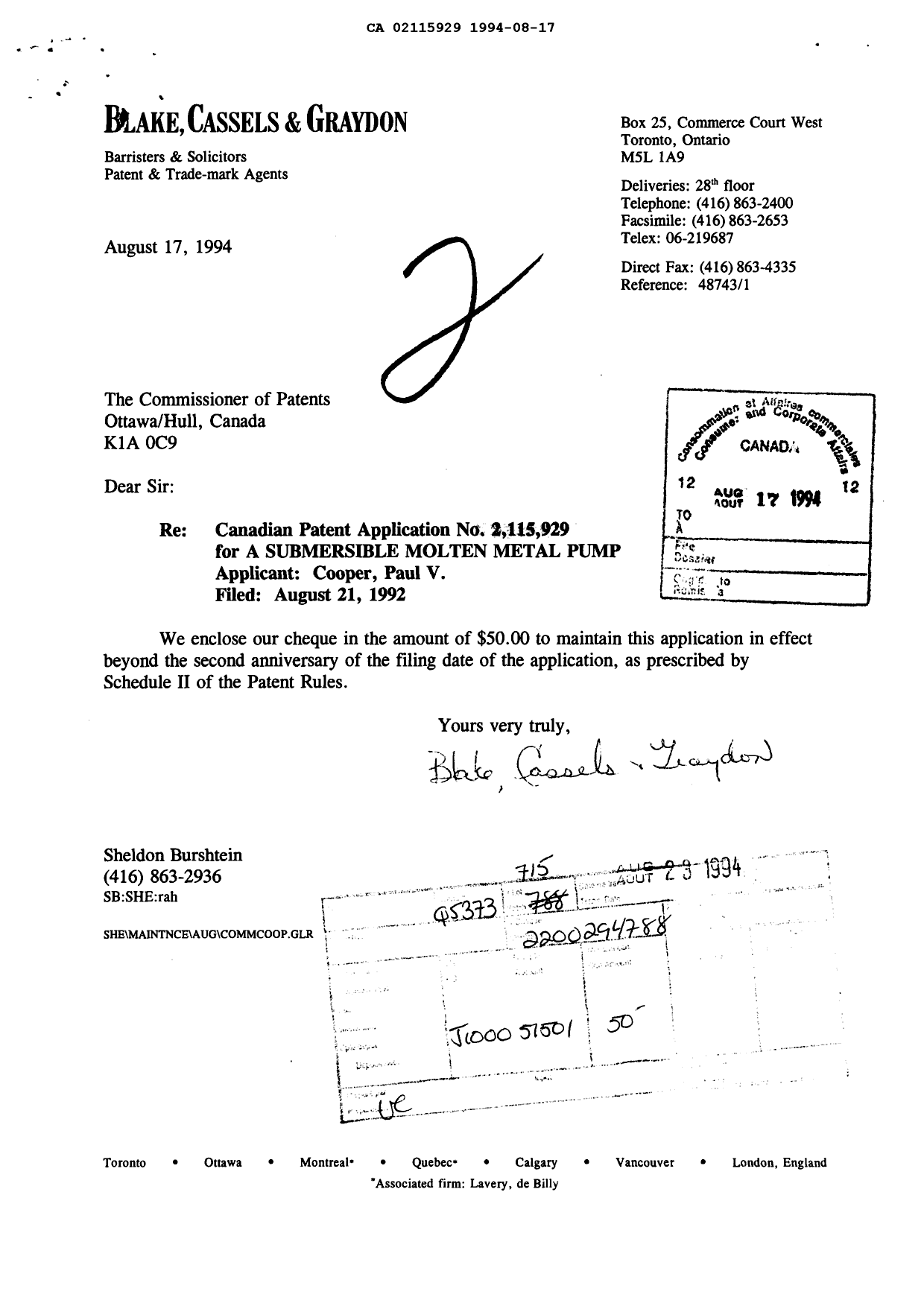 Document de brevet canadien 2115929. Taxes 19940817. Image 1 de 1