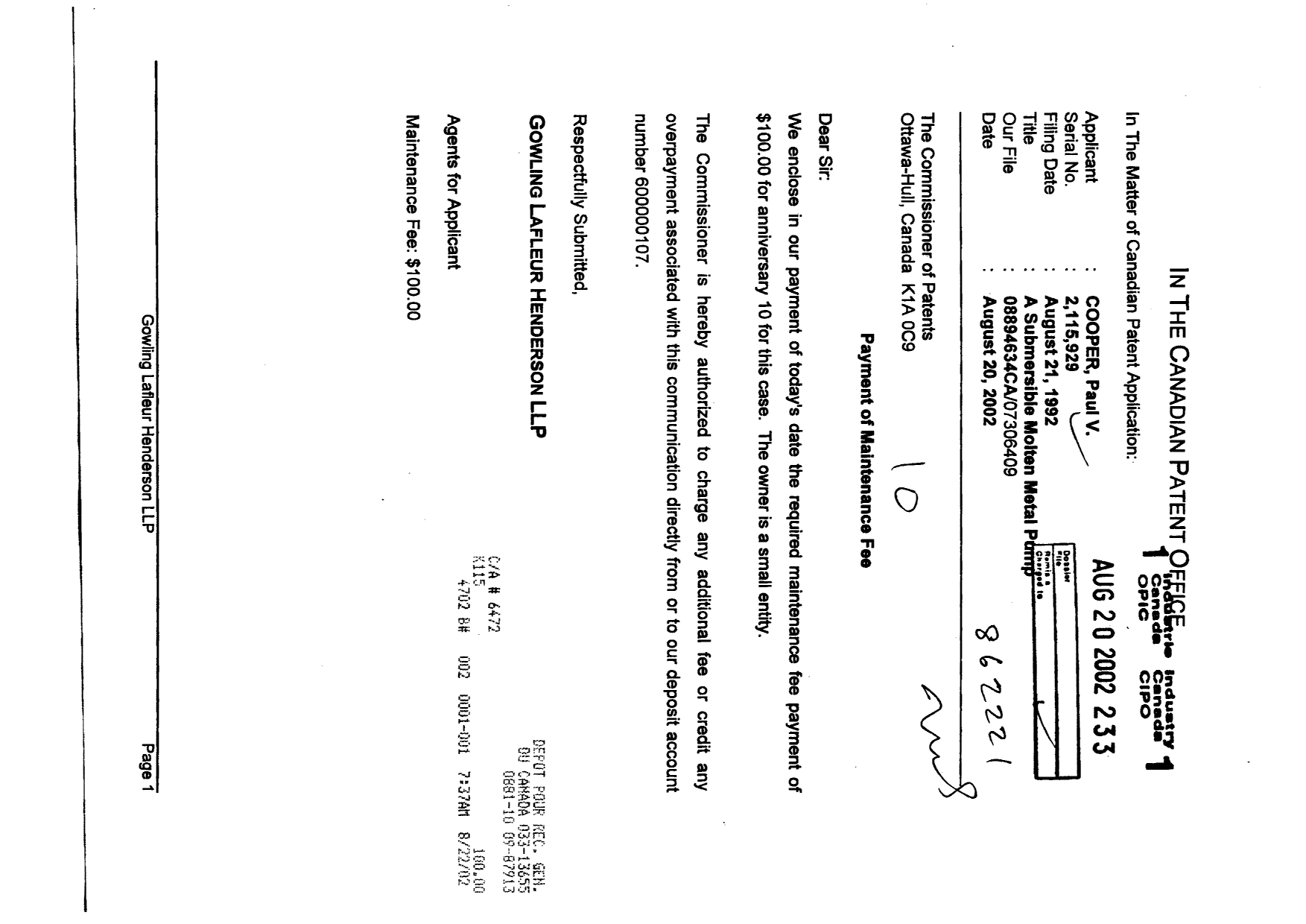 Canadian Patent Document 2115929. Fees 20020820. Image 1 of 1