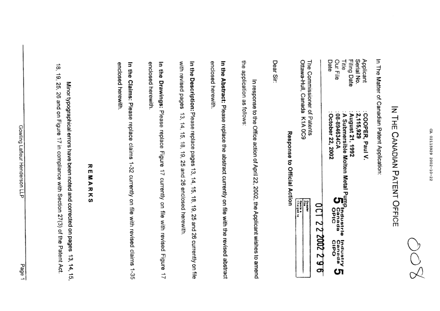 Document de brevet canadien 2115929. Poursuite-Amendment 20021022. Image 1 de 17