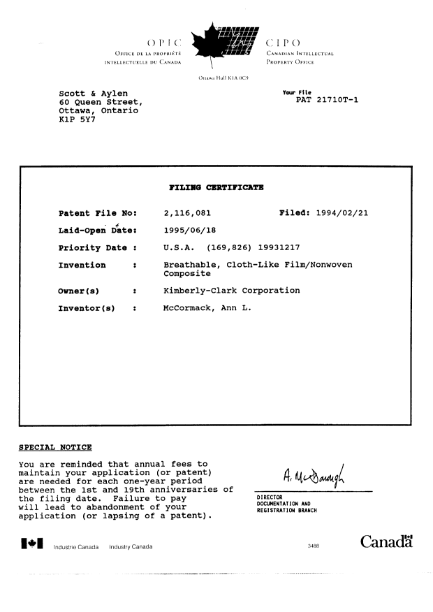 Document de brevet canadien 2116081. Cession 19940221. Image 78 de 78