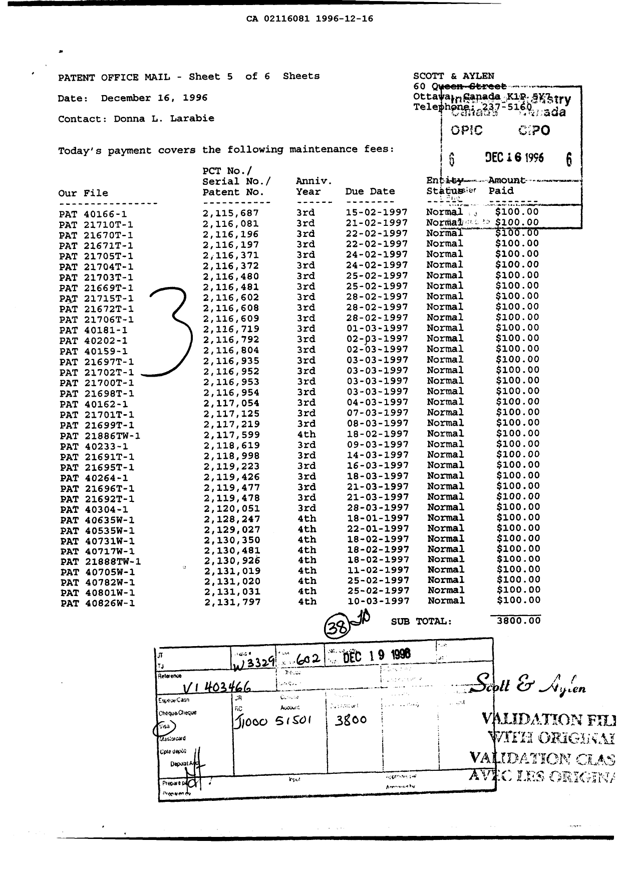 Document de brevet canadien 2116081. Taxes 19961216. Image 1 de 1