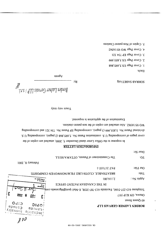 Canadian Patent Document 2116081. Prosecution-Amendment 20010208. Image 1 of 1