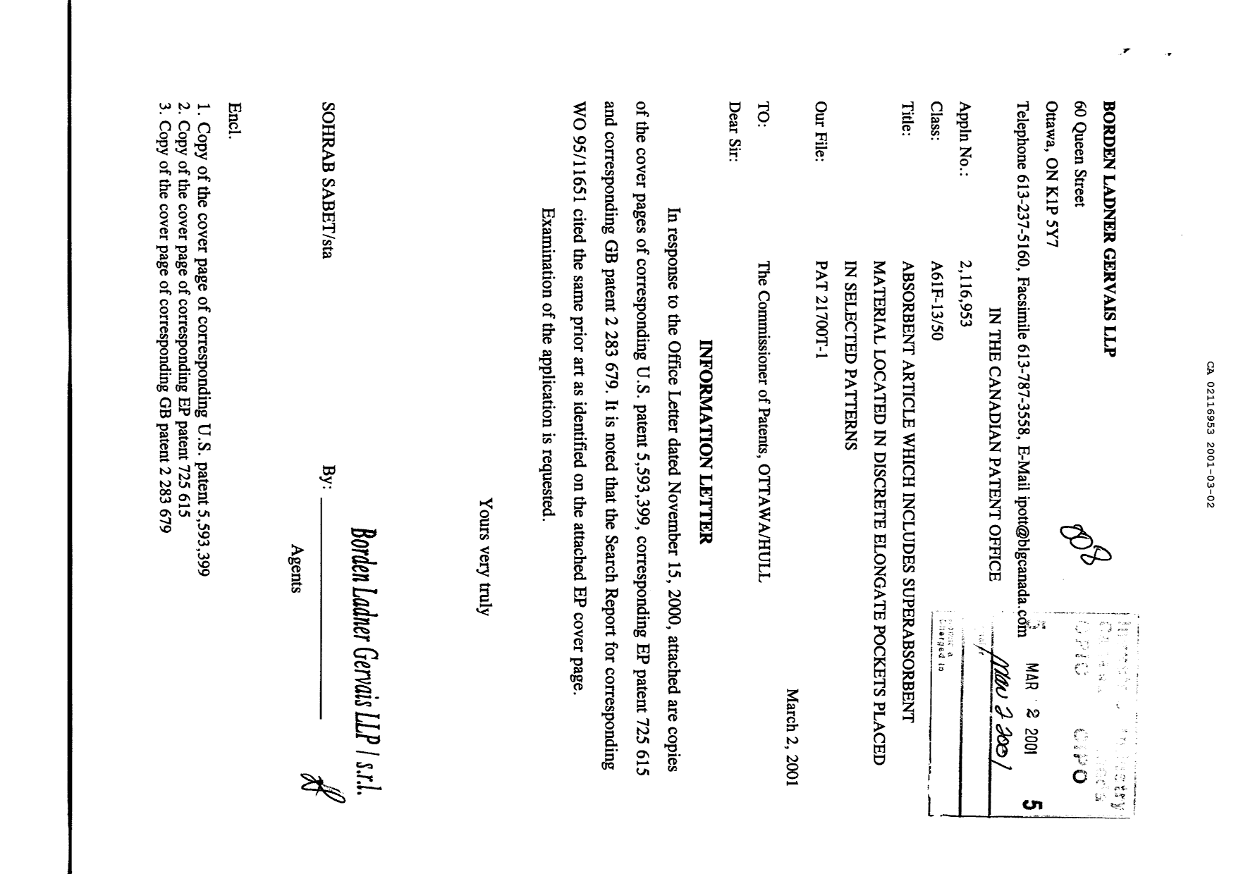Canadian Patent Document 2116953. Prosecution-Amendment 20010302. Image 1 of 4