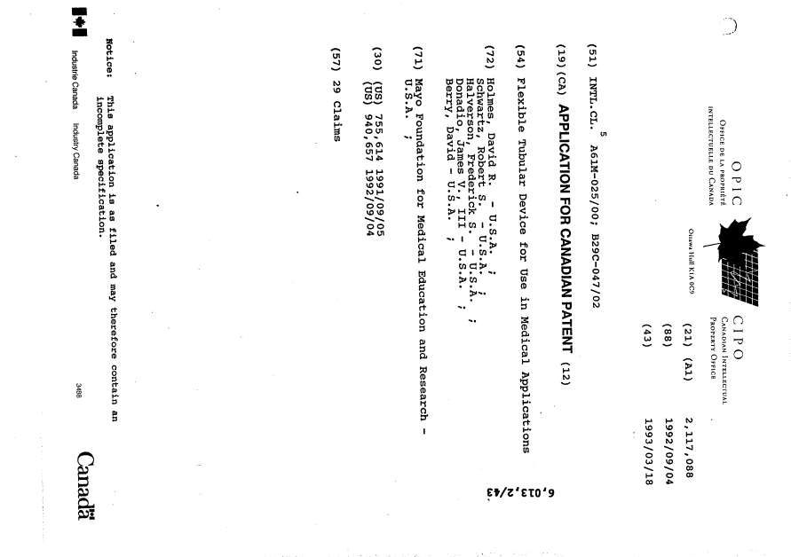Document de brevet canadien 2117088. Page couverture 19950729. Image 1 de 1