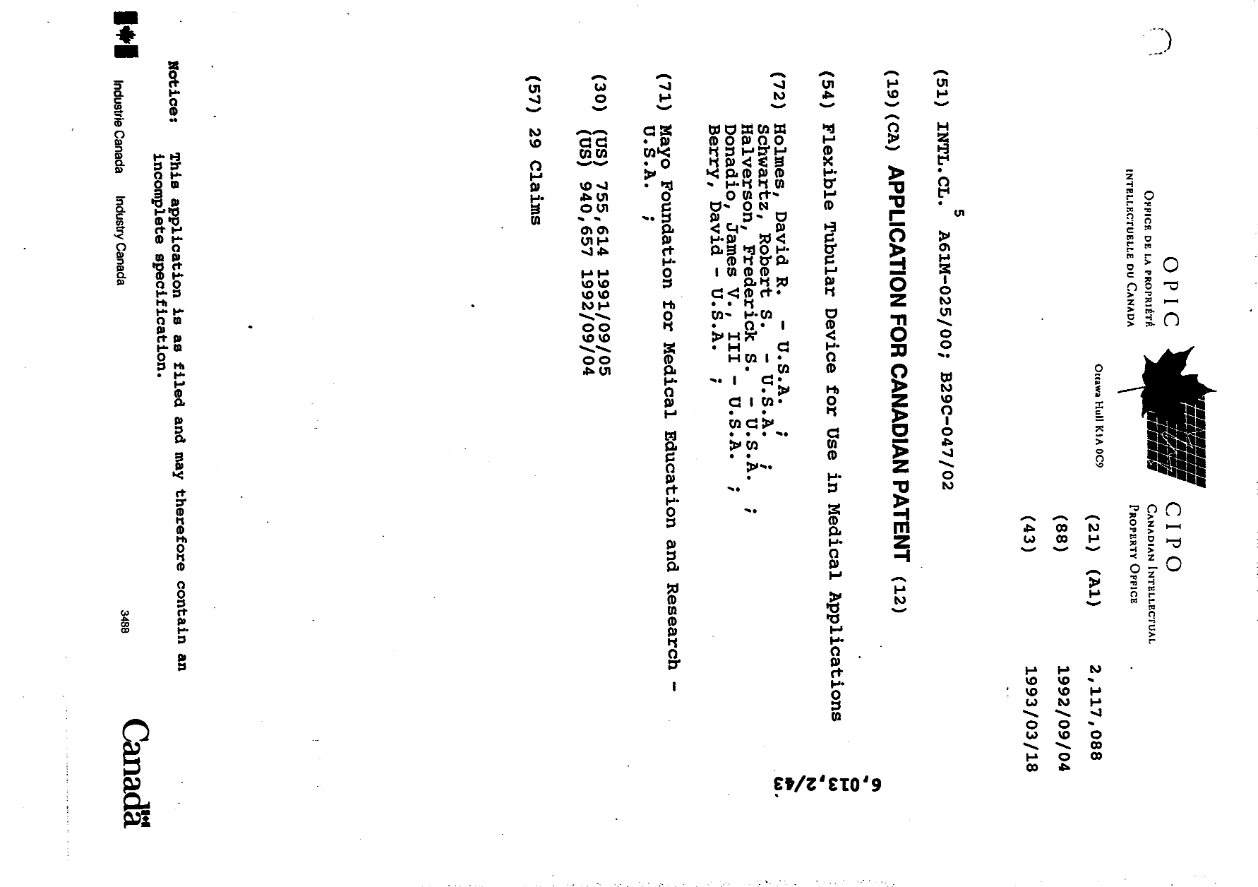 Canadian Patent Document 2117088. Cover Page 19950729. Image 1 of 1