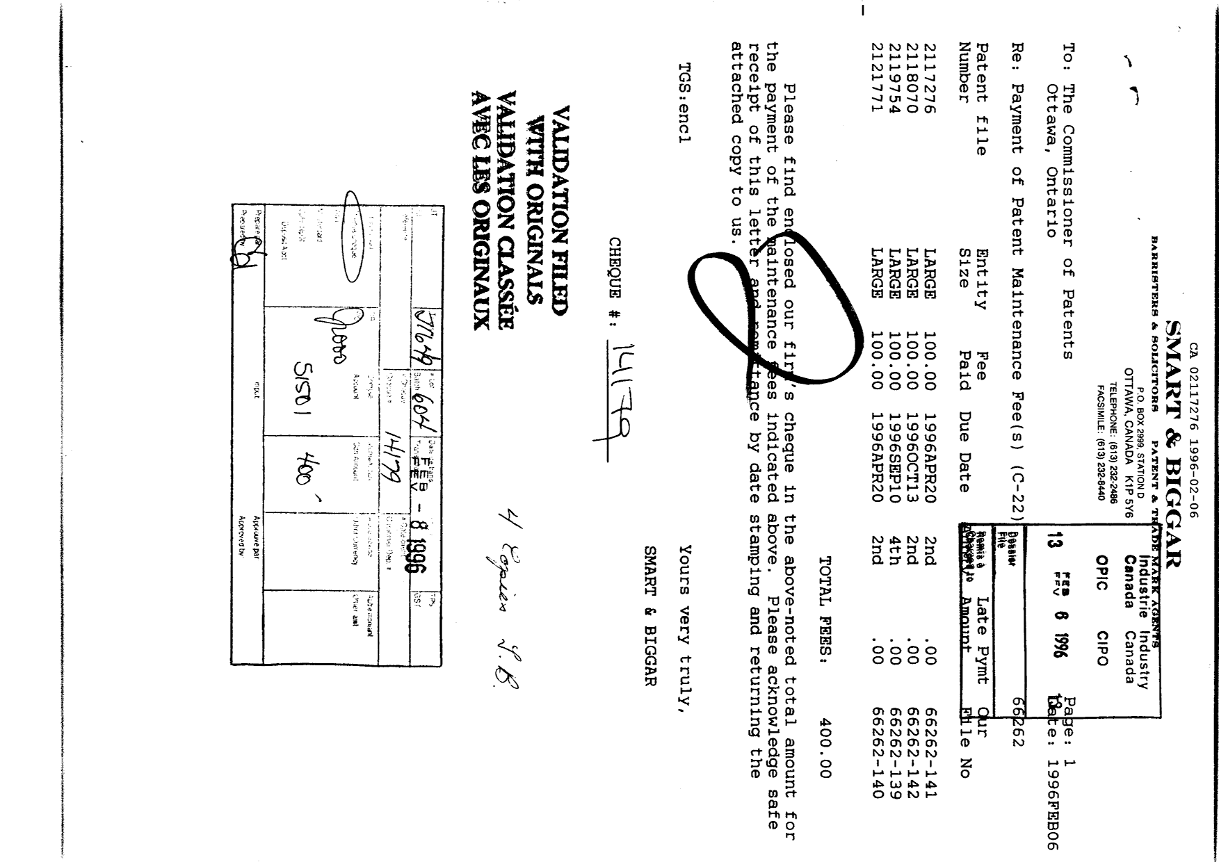Document de brevet canadien 2117276. Taxes 19951206. Image 1 de 1