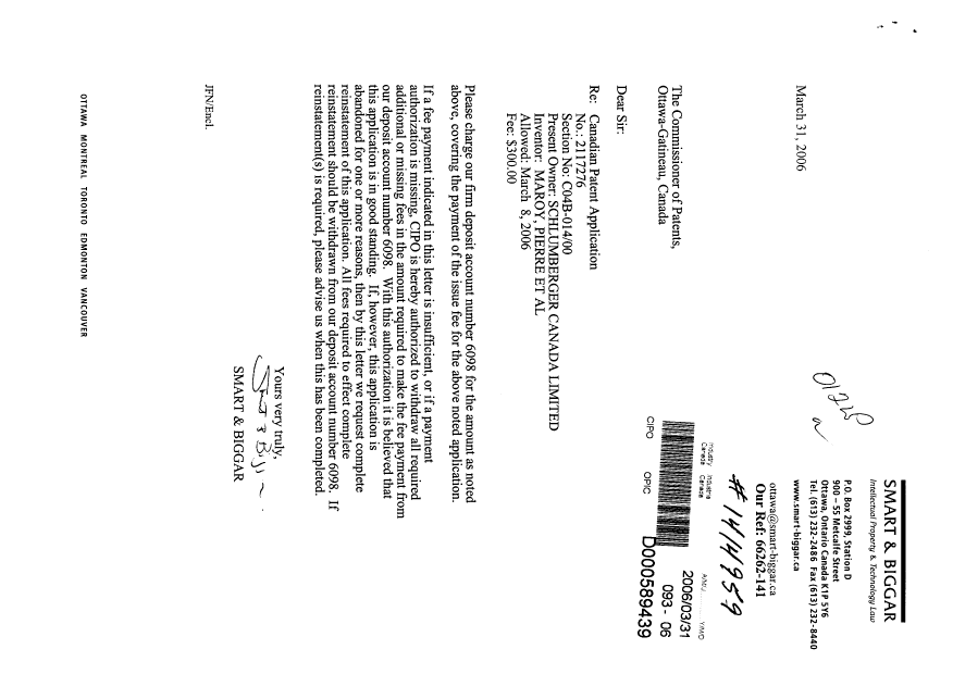 Document de brevet canadien 2117276. Correspondance 20051231. Image 1 de 1