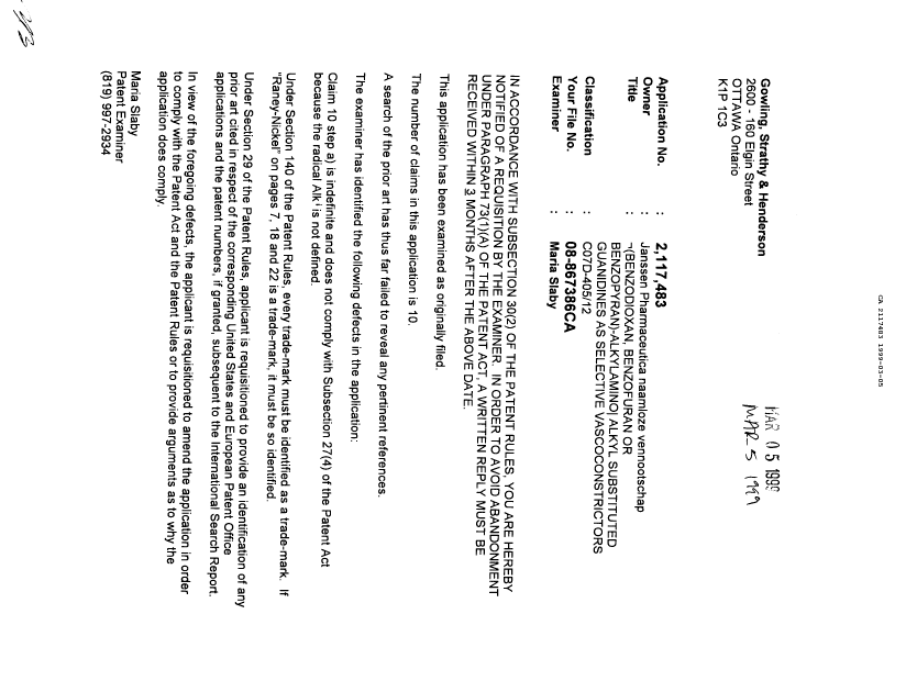 Document de brevet canadien 2117483. Demande d'examen 19990305. Image 1 de 1