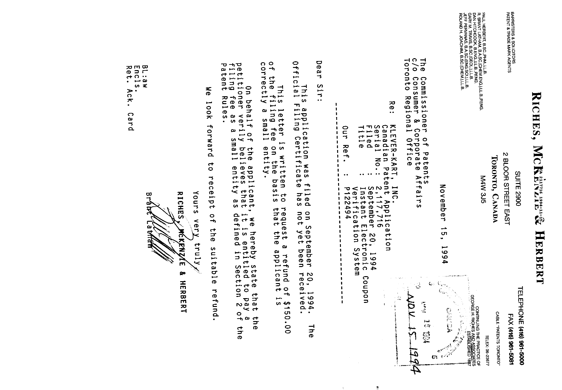 Canadian Patent Document 2117716. PCT Correspondence 19941115. Image 1 of 1
