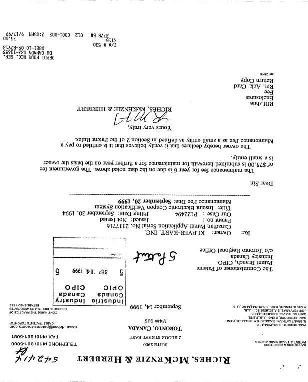 Canadian Patent Document 2117716. Fees 19990914. Image 1 of 1