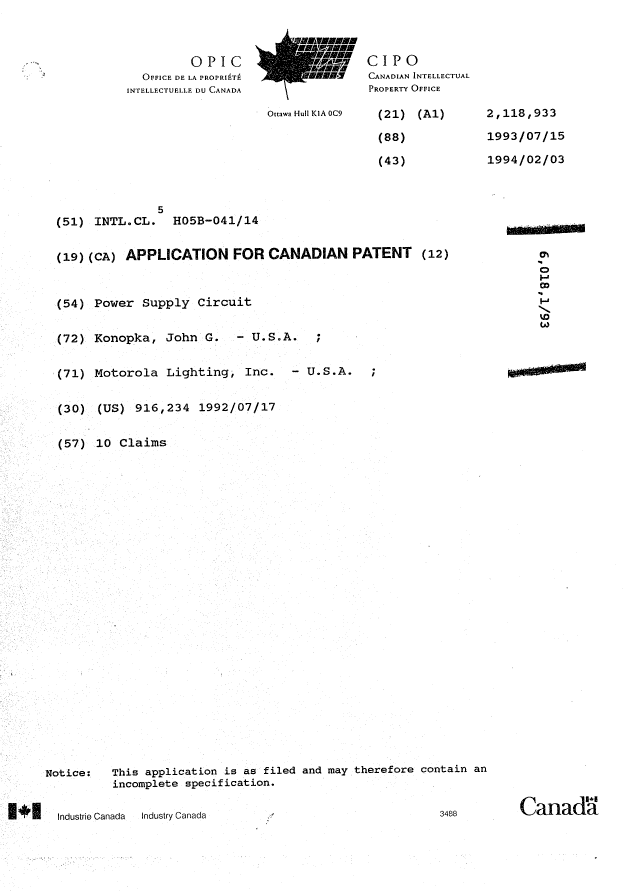 Canadian Patent Document 2118933. Cover Page 19950909. Image 1 of 1