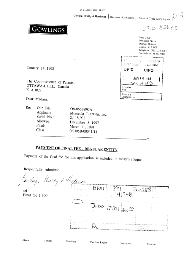 Document de brevet canadien 2118933. Correspondance reliée au PCT 19980117. Image 1 de 1