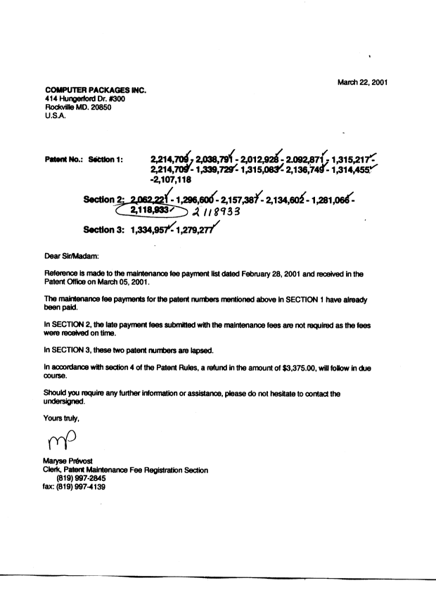 Document de brevet canadien 2118933. Correspondance 20010322. Image 1 de 1
