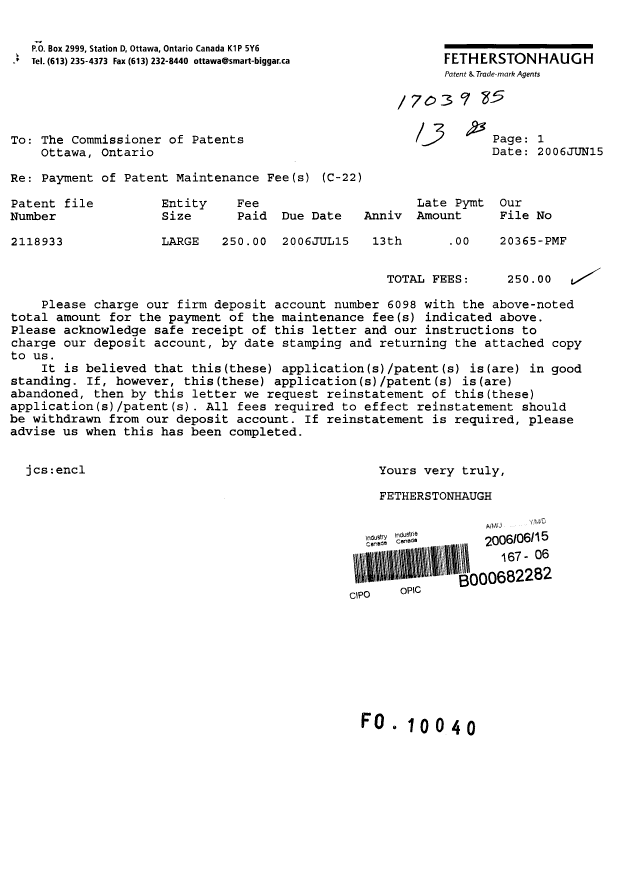Canadian Patent Document 2118933. Fees 20060615. Image 1 of 1