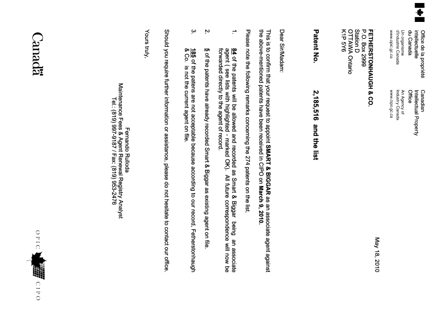 Canadian Patent Document 2118933. Correspondence 20100518. Image 1 of 6