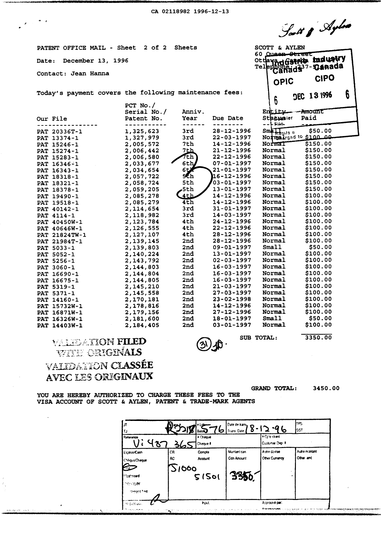 Document de brevet canadien 2118982. Taxes 19961213. Image 1 de 1