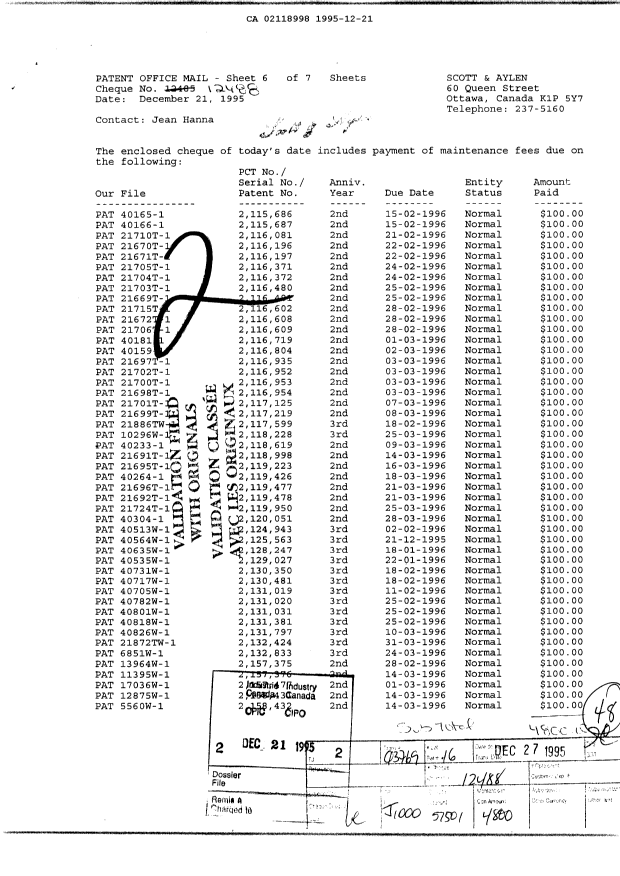 Canadian Patent Document 2118998. Fees 19951221. Image 1 of 1