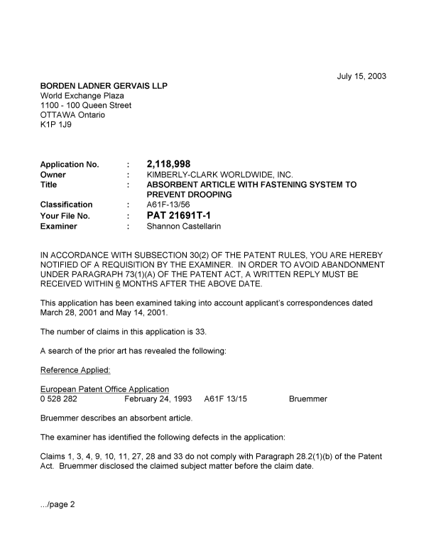 Canadian Patent Document 2118998. Prosecution-Amendment 20030715. Image 1 of 3