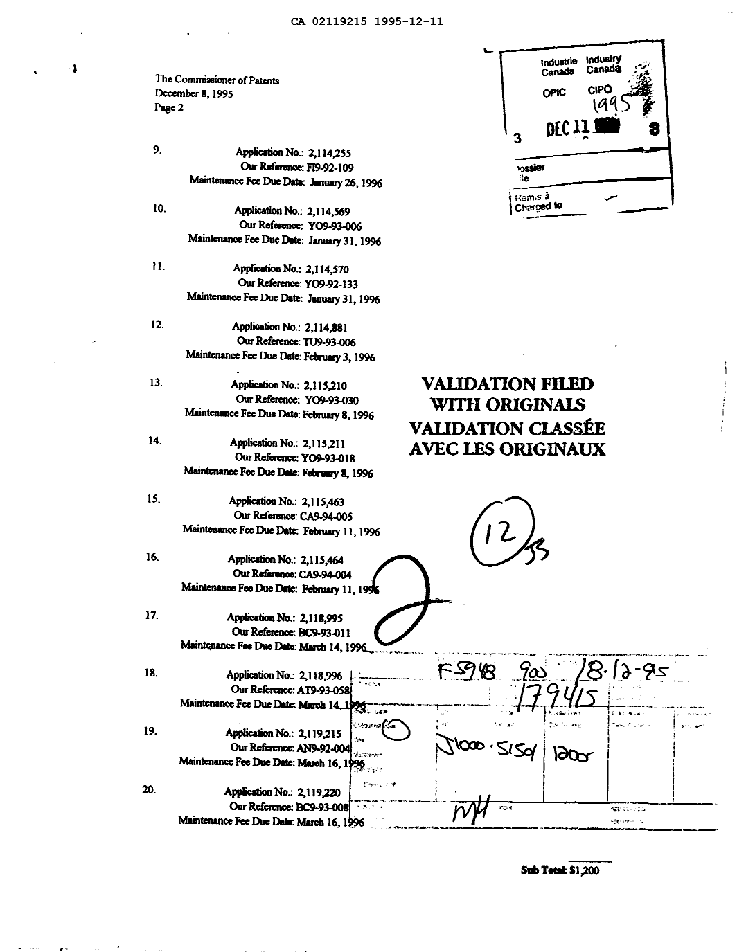 Document de brevet canadien 2119215. Taxes 19951211. Image 1 de 1