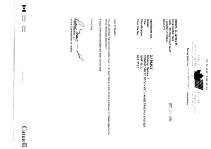 Canadian Patent Document 2119921. Prosecution-Amendment 19981026. Image 1 of 2