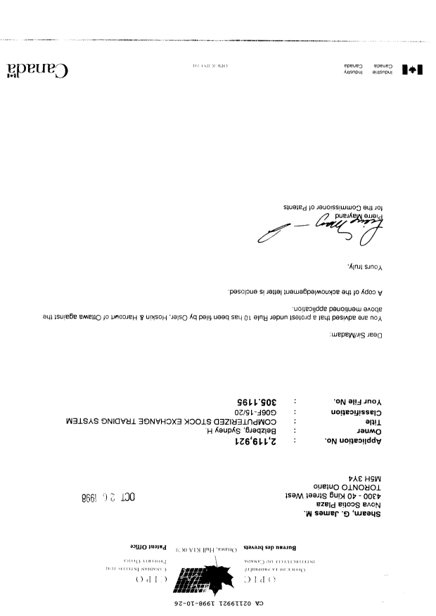 Canadian Patent Document 2119921. Prosecution-Amendment 19981026. Image 1 of 2