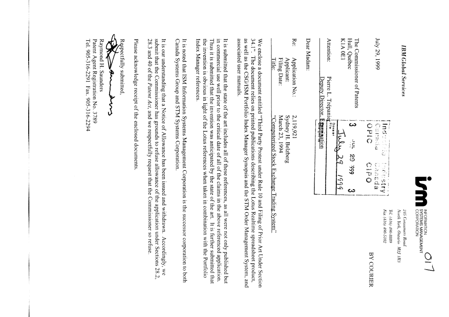Canadian Patent Document 2119921. Prosecution-Amendment 19990729. Image 1 of 205