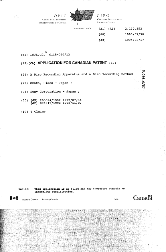 Canadian Patent Document 2120352. Cover Page 19950610. Image 1 of 1