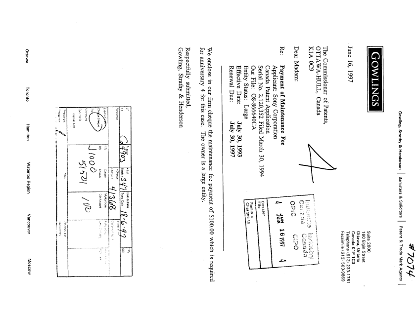 Document de brevet canadien 2120352. Taxes 19970616. Image 1 de 1