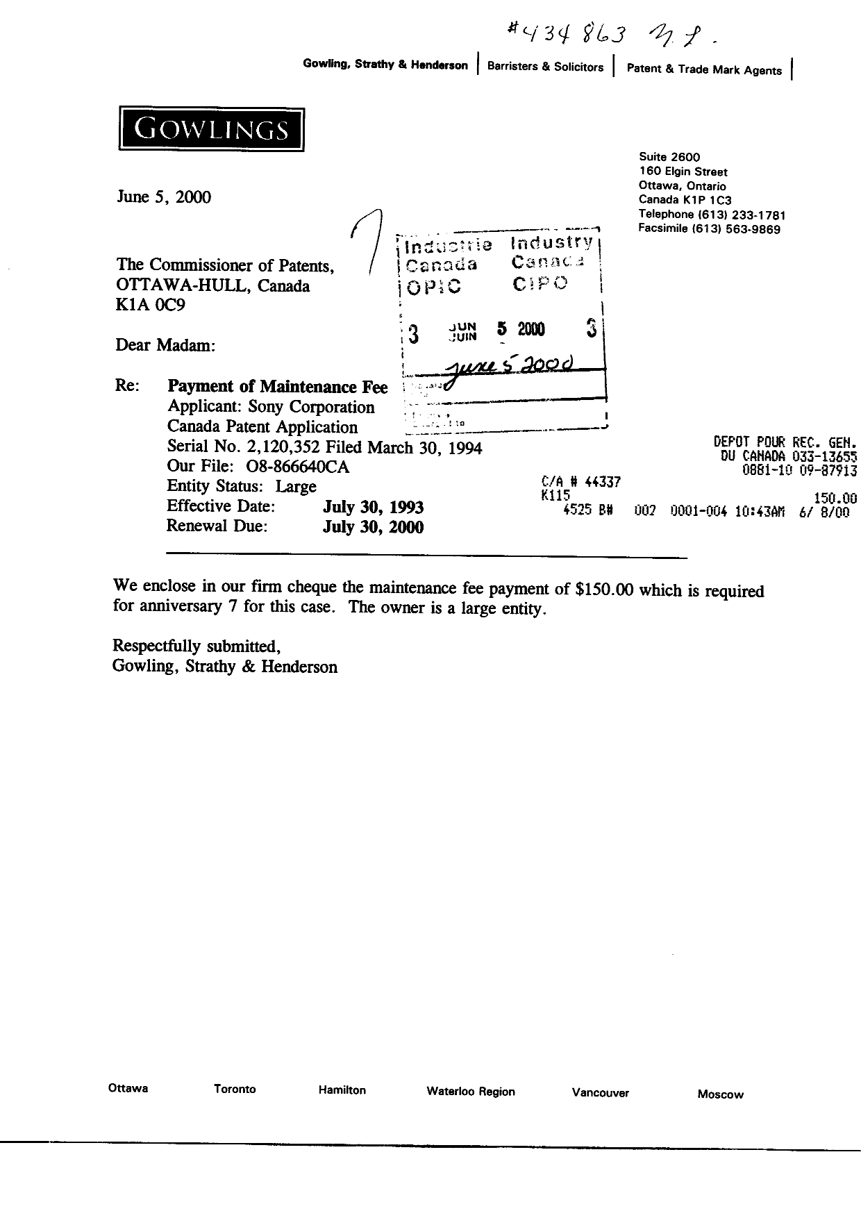 Document de brevet canadien 2120352. Taxes 20000605. Image 1 de 1