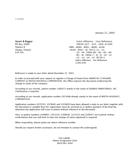 Document de brevet canadien 2120374. Correspondance 20040121. Image 1 de 1
