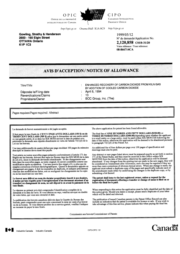 Canadian Patent Document 2120858. Correspondence 19990312. Image 1 of 1