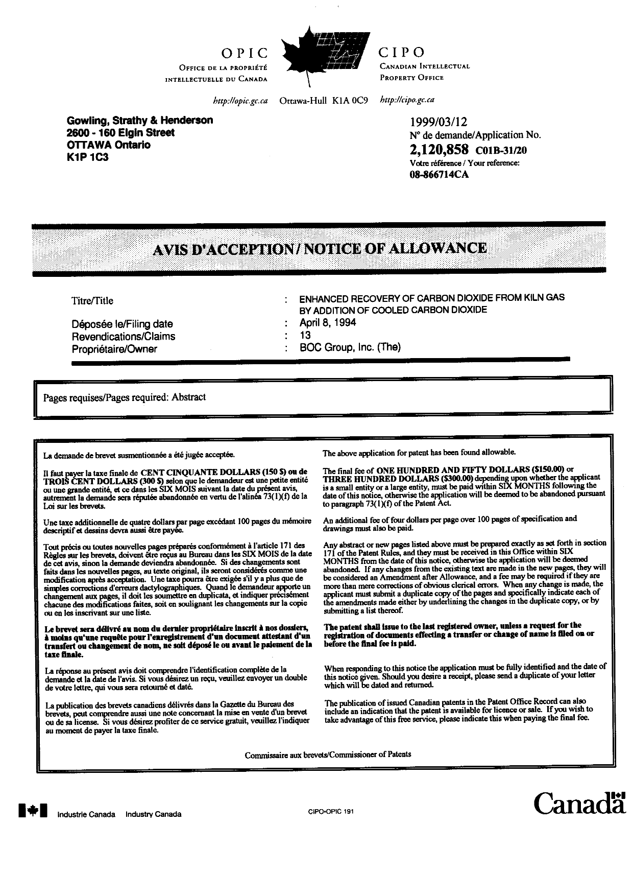 Document de brevet canadien 2120858. Correspondance 19990312. Image 1 de 1