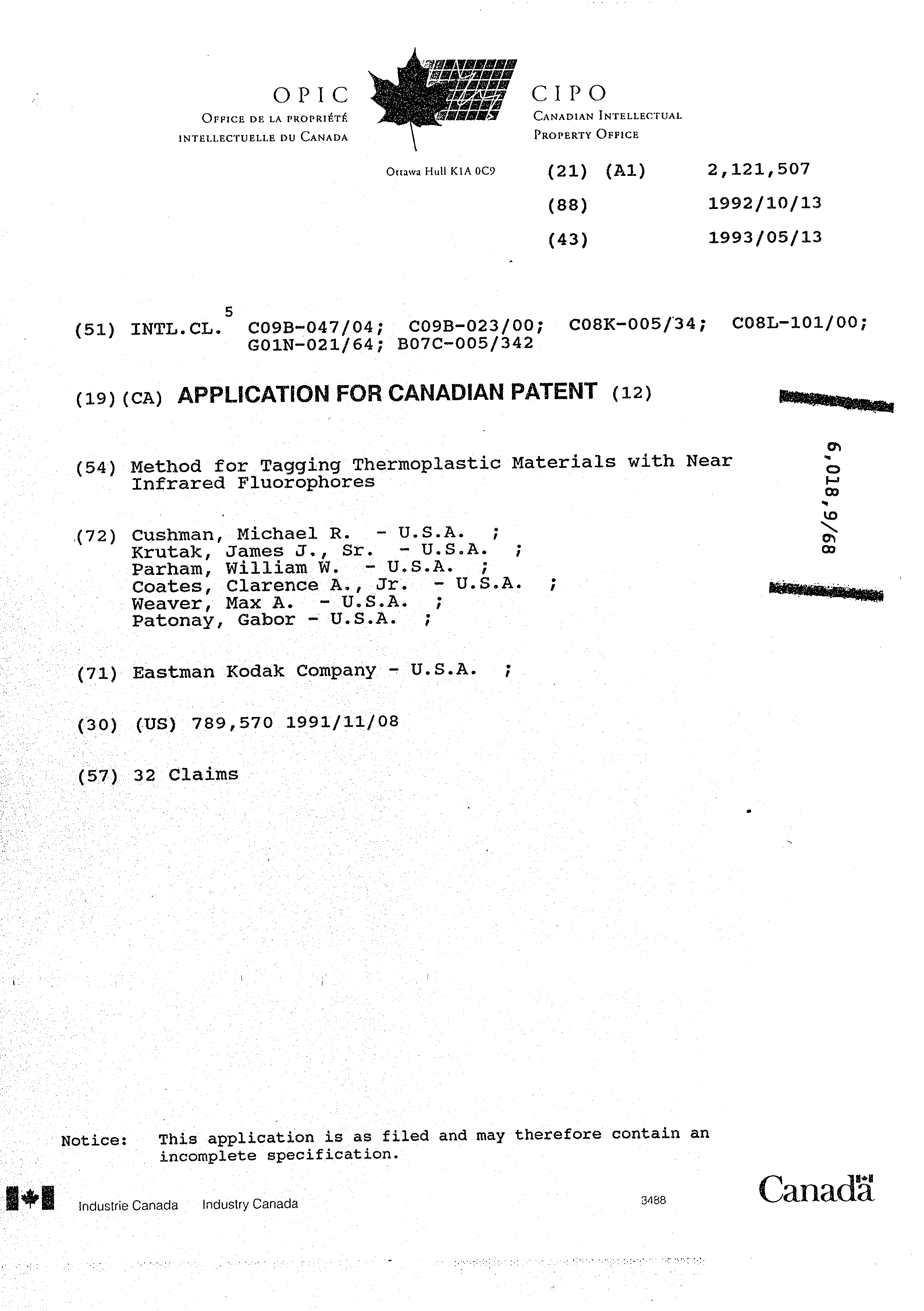 Canadian Patent Document 2121507. Cover Page 19941215. Image 1 of 1