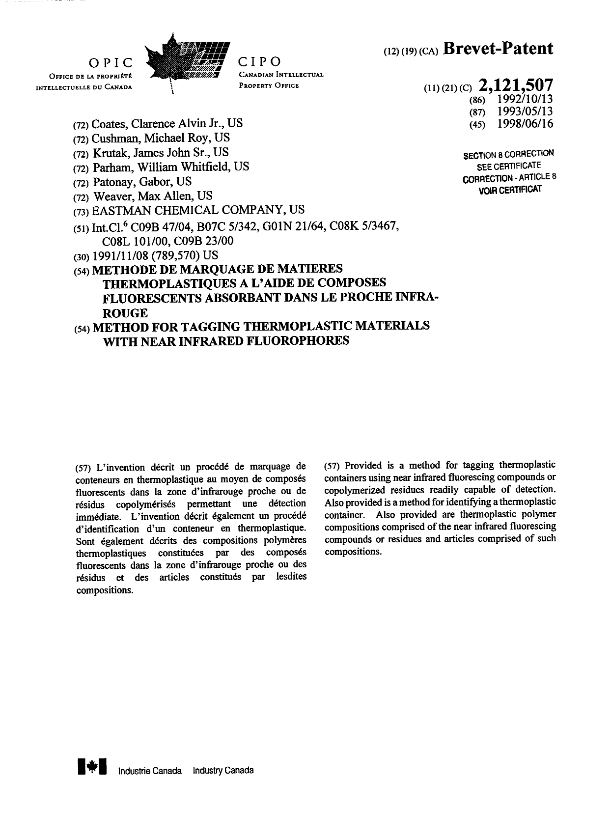 Canadian Patent Document 2121507. Cover Page 19971209. Image 1 of 2