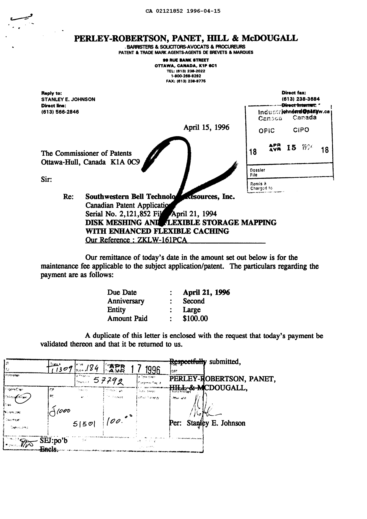 Document de brevet canadien 2121852. Taxes 19960415. Image 1 de 1