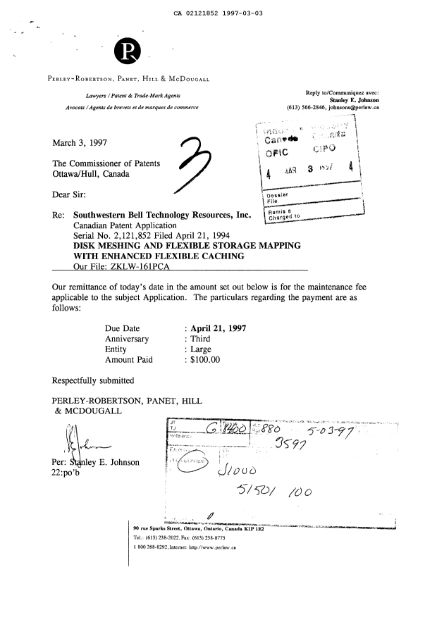 Canadian Patent Document 2121852. Fees 19970303. Image 1 of 1