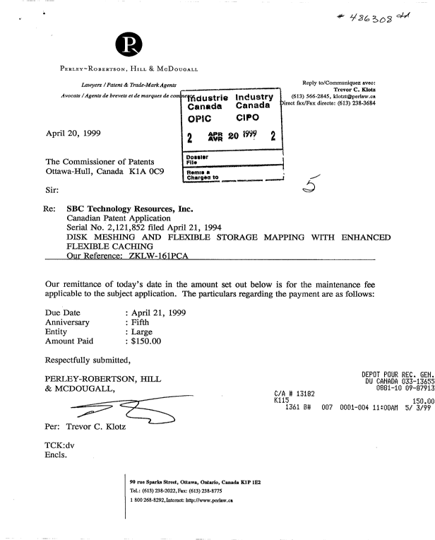 Canadian Patent Document 2121852. Fees 19990420. Image 1 of 1