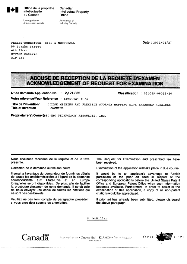 Canadian Patent Document 2121852. Correspondence 20010427. Image 1 of 1