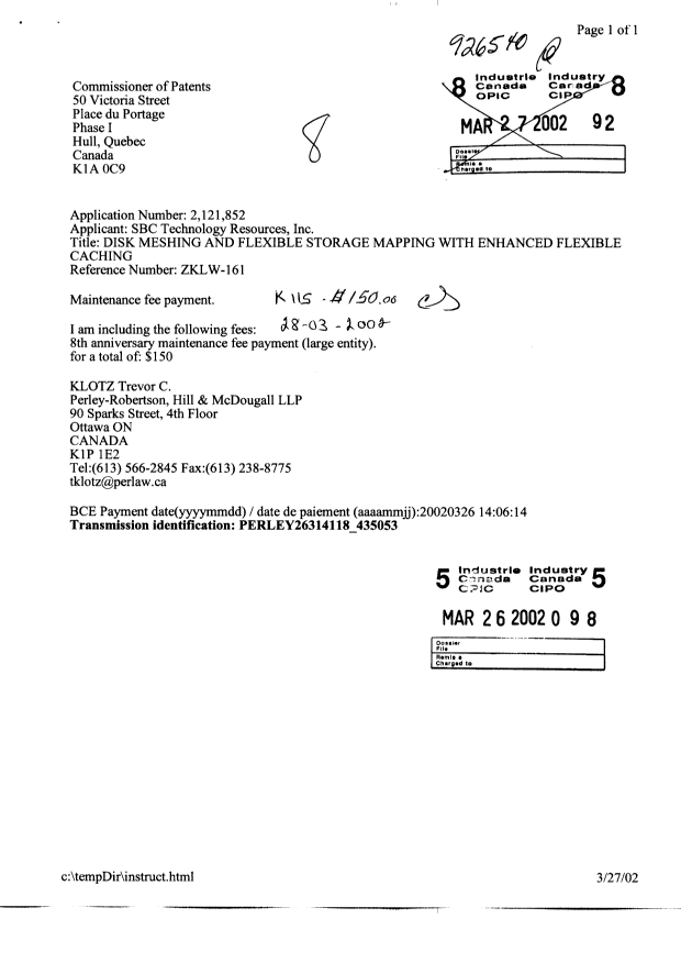 Canadian Patent Document 2121852. Fees 20020326. Image 1 of 1