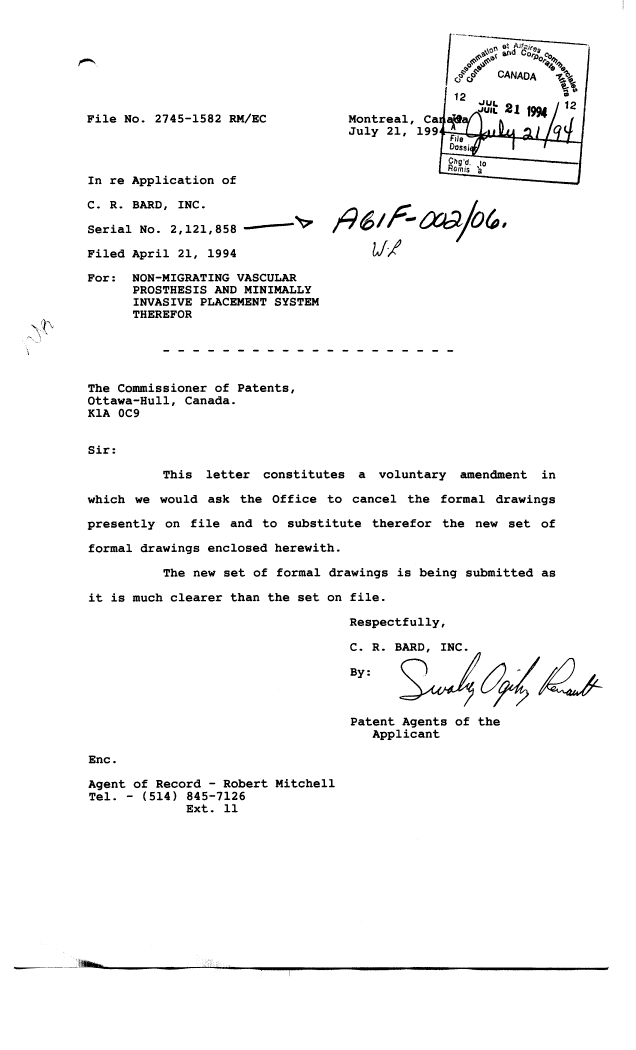Document de brevet canadien 2121858. Correspondance 19940721. Image 1 de 9
