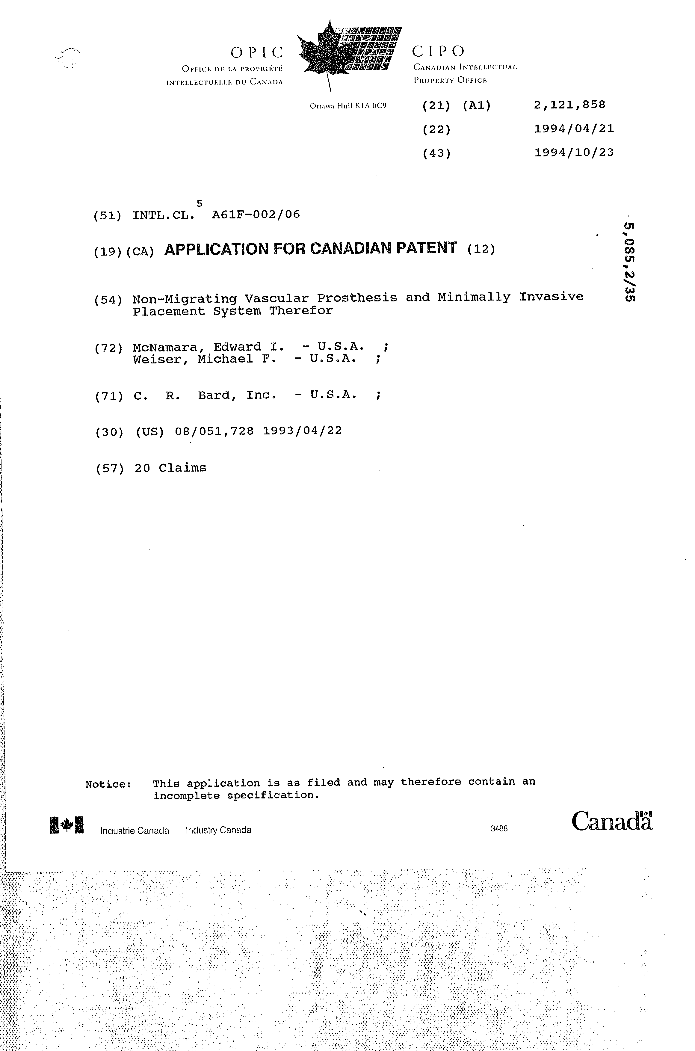 Canadian Patent Document 2121858. Cover Page 19950414. Image 1 of 1
