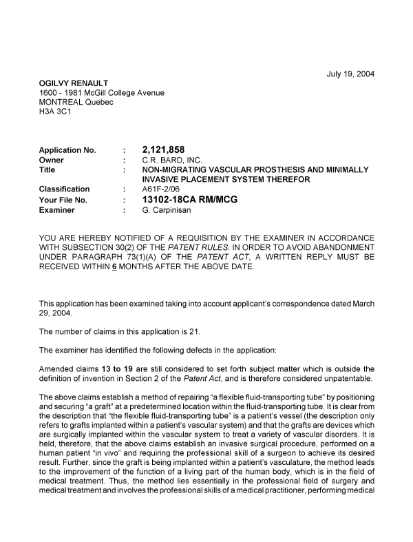 Canadian Patent Document 2121858. Prosecution-Amendment 20040719. Image 1 of 2