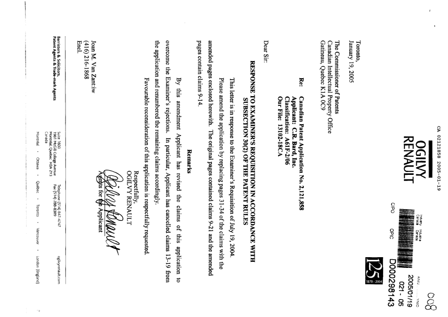 Document de brevet canadien 2121858. Poursuite-Amendment 20050119. Image 1 de 3