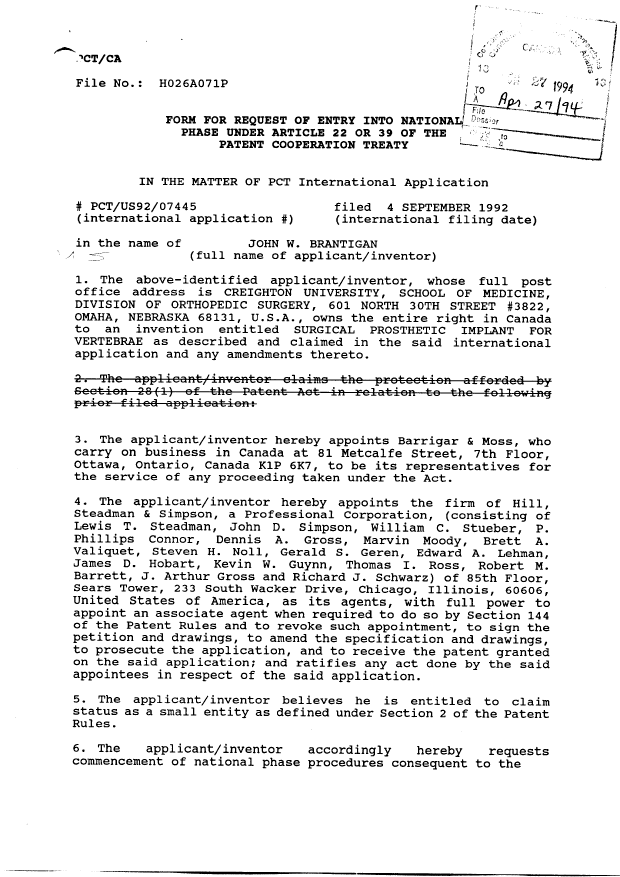 Document de brevet canadien 2122336. Cession 19940427. Image 2 de 8