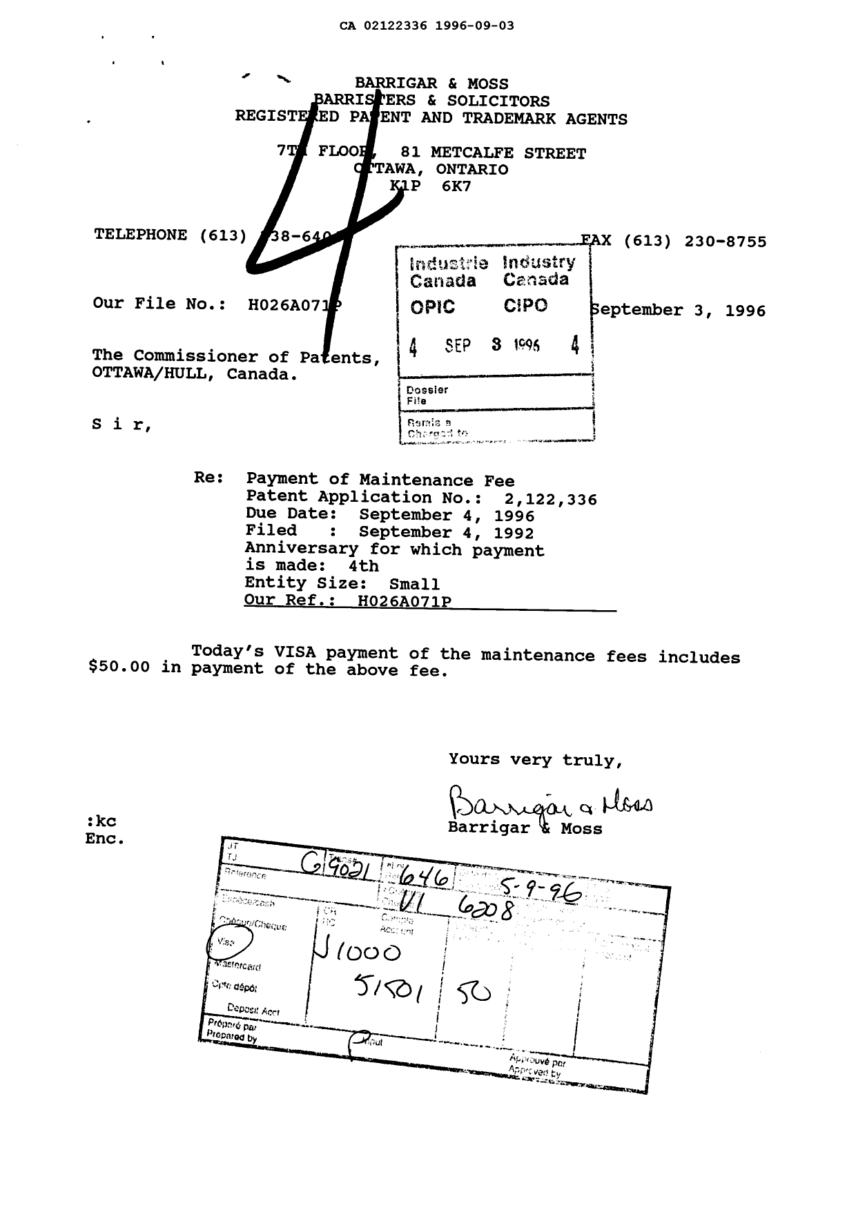 Document de brevet canadien 2122336. Taxes 19960903. Image 1 de 1