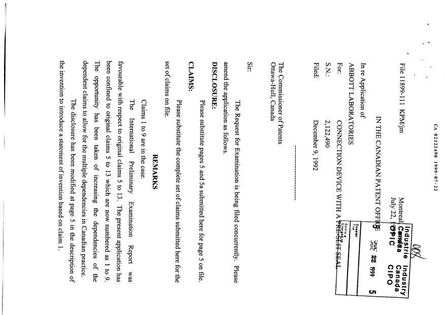 Canadian Patent Document 2122490. Prosecution-Amendment 19990722. Image 1 of 7