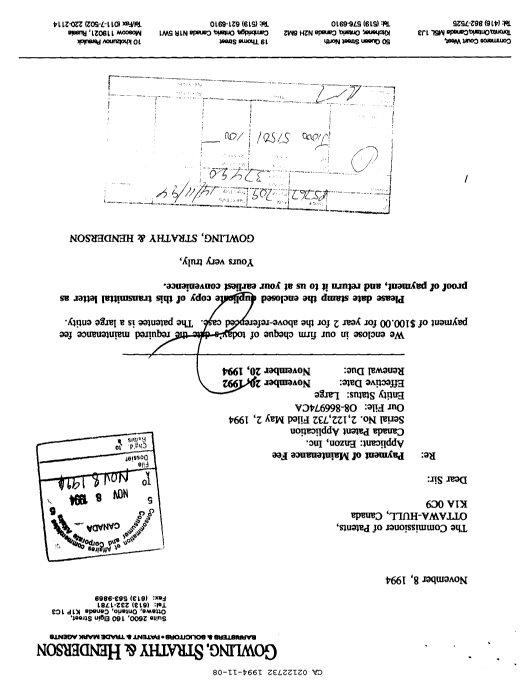 Canadian Patent Document 2122732. Fees 19941108. Image 1 of 1