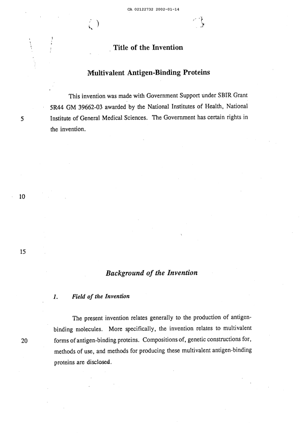 Document de brevet canadien 2122732. Description 20020114. Image 1 de 62